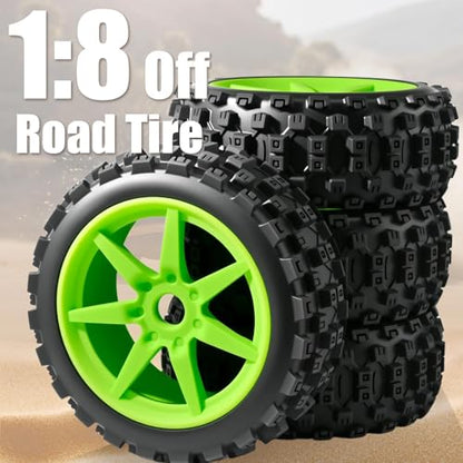 1/8 Scale RC Off-Road Buggy Tires & Wheels with 17mm Hex Foam Inserts Included, Compatible with ARRMA Typhon, LOSI, KYOSHO & More (Set of 4) - color: Green