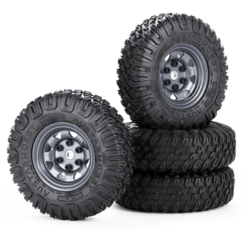 4PCS 1.55 inch Aluminum Beadlock Wheels Rim Rubber Tires Set 1.55inch Beadlock Wheel Rim Hub ＆ 85mm Rubber Tires Compatible with 1/10 RC Crawler Car Axial D90 TF2 Tamiya CC01 LC70 MST JIMNY