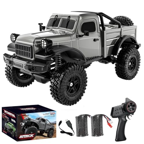 1/18 Scale RC Pickup Truck for Adult, 2.4GHz 4WD Off-Road Remote Control Drift Car, RC Rock Crawler with LED Lights, 12km/h High Speed & Waterproof ESC - color: Grey, size: 2 Battery
