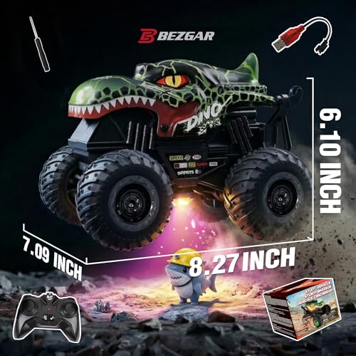 BEZGAR 1:20 Monster Truck Toys, 360°Stunt RC Cars with Music and Light | Green Dinosaur Toys with 2 Batteries and Wireless LED Strobe Lights, Remote Control Car with Glowing wheels for boys - color: Green