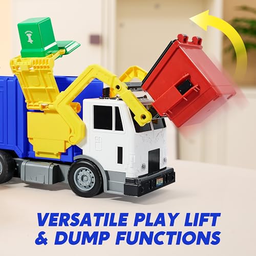 JOYIN Large Friction Powered Garbage Truck Toy Set, Includes 1 Dumpster, 3 Trash Bins, and 30 Learning Cards for Kids, Blue - color: Blue
