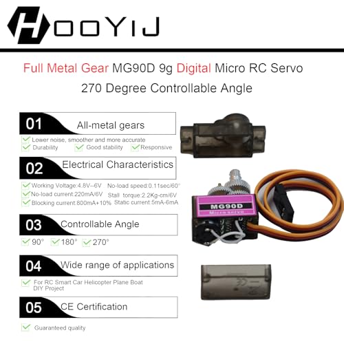4 Pack MG90D 9g Digital Micro RC Servo Full Metal Gear 270 Degree Mini Servos Motor Upgraded SG90 for Arduino RC Smart Car Robot Arm 450 Aircraft Boat DIY PWM500-2500（Controllable Angle