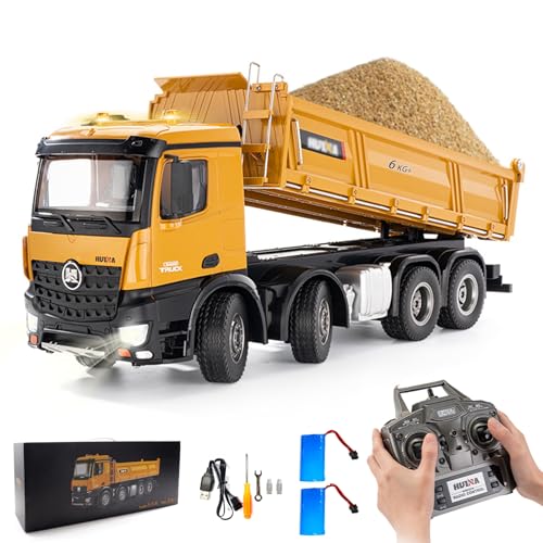RC Dump Truck, 1:14 Scale 12 Channels Heavy RC Dump Truck | 4WD RC Construction Vehicles with 6KG+ Load, Full Suspension, Lights/Sounds for Adults, Hobbyists - size: 2 Battery
