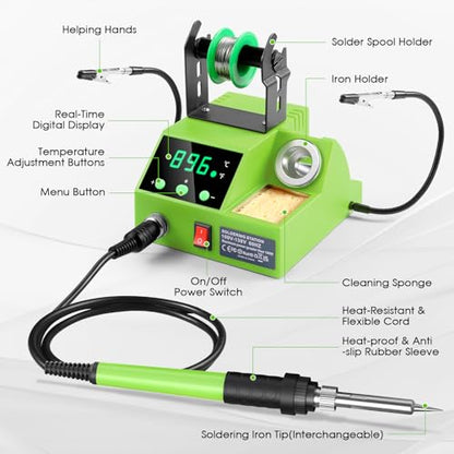 Soldering Station, 100W Digital Display Soldering Iron Station Kit with 2 Helping Hands, 356°F - 896°F, Auto Sleep, °C/°F Conversion, Solder Wire, Tips, Stand, Pump, Tweezers, Tip Cleaner, Green