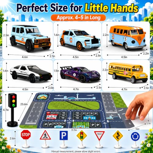1:32 Alloy Pull Back Truck Toys for Kids, 6 Pack Die Cast Car Set with Road Map, Traffic Signs & Light, Toy Vehicle Playset, Birthday for Boys Girls Ages 3-8 - size: Alloy car 6-piece setpiece set