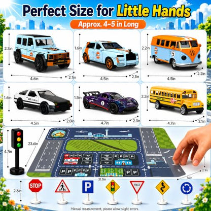 1:32 Alloy Pull Back Truck Toys for Kids, 6 Pack Die Cast Car Set with Road Map, Traffic Signs & Light, Toy Vehicle Playset, Birthday for Boys Girls Ages 3-8 - size: Alloy car 6-piece setpiece set