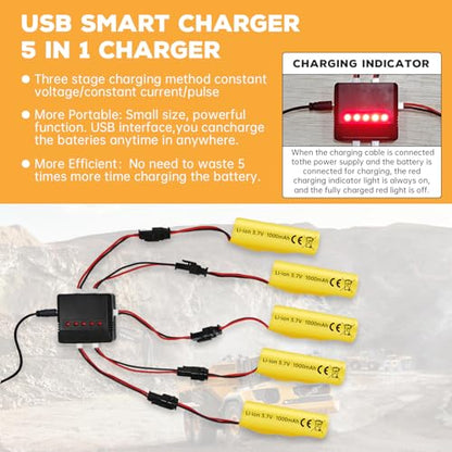sea jump 5PCS 3.7V 1000mAh Li-ion Battery with 5in1 Charger for TB202 TB201 TM201 TM202 TC141 DE35 DE38 DE40 DE50 DE84 S767 SL-356A 1220A RC Stunt Car RC Toy Car RC Rolling Car Battery