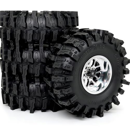 HOBBYSOUL 5.47'' Tall Mud Slingers X RC Crawler 2.2 Wheels Tires,4-Pack | -11mm negative offset silver beadlock wheel rims,T8 Compound Tire, For 1/10 RC Crawlers Truck Upgrades - color: Silver, size: 139mm / 5.47inch Tall