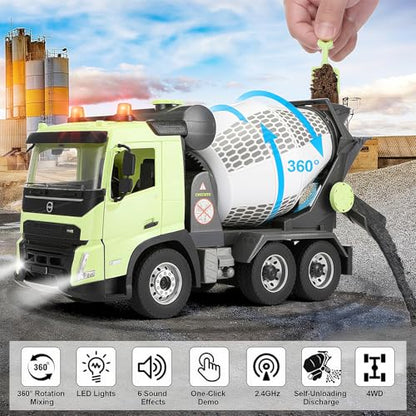 Double E Volvo FMX 1:20 RC Cement Mixer Truck - 360° Rotating Drum + 7 Realistic Sounds & LED Lights, 2.4GHz Anti-Interference for Multi-Vehicle Play - Construction Toy Adults - style: RC Mixer Truck