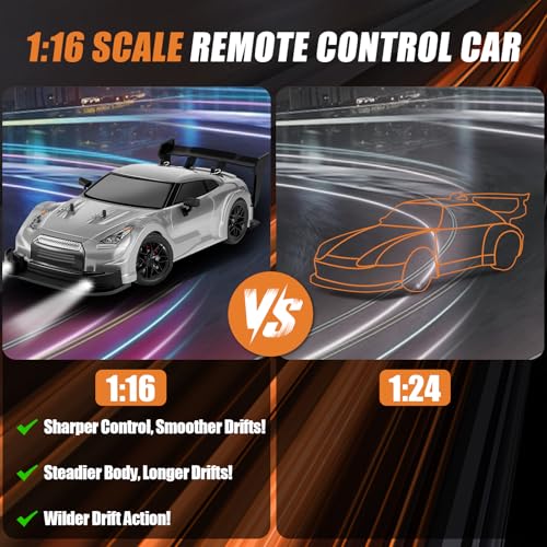 RC Drift Car, 1:16 Scale Drifting RC Cars, 2.4GHz 4WD 40km/h | RC Race Car, High-Speed Remote Control Drift Car Vehicle, Racing Sport Toy Gift for Boys Girls Kids(Silver) - color: Silver