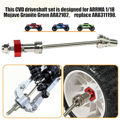 Hardened Steel CVD Driveshaft Front Rear with Hexs, Nuts, Drive Center Cup, Drivershaft Dogbone CVD Compatible with ARRMA 1/18 Mojave Granite GROM ARA2102, Replace #ARA311198 (Silver,Red) - color: Silver-red