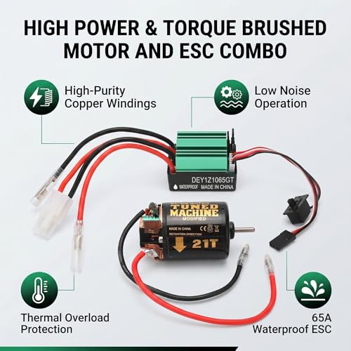 Milltrip RC Brushed Motor, ESC Combo with 540 21T Brushed Motor | 65A Waterproof Green Brushed ESC for Traxxas for Tamiya