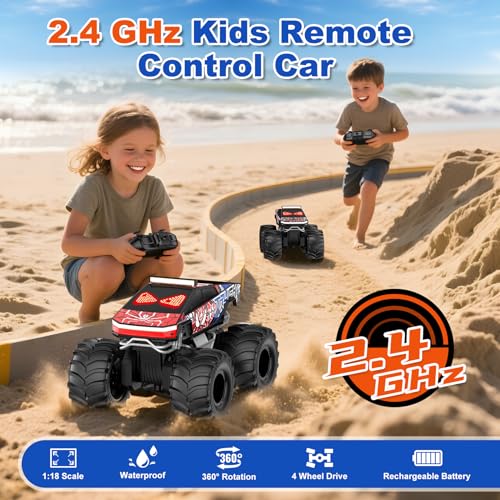 TOZDTO Remote Control Car, Monster Truck Toys for Boys RC Cars, 2.4 GHz Waterproof RC Trucks, 1:18 4WD All Terrain Off-Road Pickup, Cool Christmas Birthday Ideas Gifts for Kids 6+ Year Old - color: Ture Red