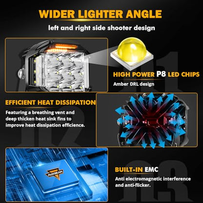 Auxbeam 5" 168W Round LED Offroad Light Pod with Amber DRL, V-MAX Series 16440LM Side Shooter LED Offroad with 270° Beam & Amber Covers, Auxiliary Driving Light for Truck ATV Jeep Ford | Spot Flood Combo Light Pods, 168W 16440LM Light Output, 3 Lighting M