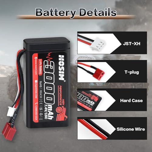 Hosim 2PCS 7.4V 15C 3000mAh Lipo Battery RC Lipo Batteries with 2 USB Chargers & 1 Battery Strap for Brushless RC Car Remote Control Car Truck RC Boat Battery