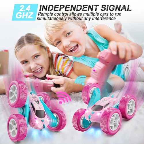QUNREDA RC Cars, Pink Remote Control Car for Girls, 2.4 GHZ Double Sided RC Stunt Car 360° Rotating Remote Control Crawler with Headlights Car Toys for 6 7 8 9 10 11 12 Girls Birthday Gift Grandkids - color: Pink