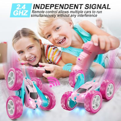 QUNREDA RC Cars, Pink Remote Control Car for Girls, 2.4 GHZ Double Sided RC Stunt Car 360° Rotating Remote Control Crawler with Headlights Car Toys for 6 7 8 9 10 11 12 Girls Birthday Gift Grandkids - color: Pink