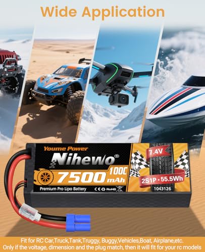 2S RC Car Battery 7.4V 7500mAh 100C Hardcase EC5 for RC Boat 2Packs | 2Packs 7.4V Lipo Battery Hard Case Protects from Impact, EC5 Plug for High-current, for 1/8 1/10 RC Car Truck Boat Tank Drone