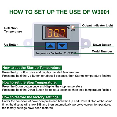 XH-W3001 Digital LED Temperature Controller Module Digital Thermostat Switch with Waterproof Probe Programmable Heating Cooling Electronic Thermostat Range from -50℃ to 110℃ (12V 10A 120W) (2 Pieces)
