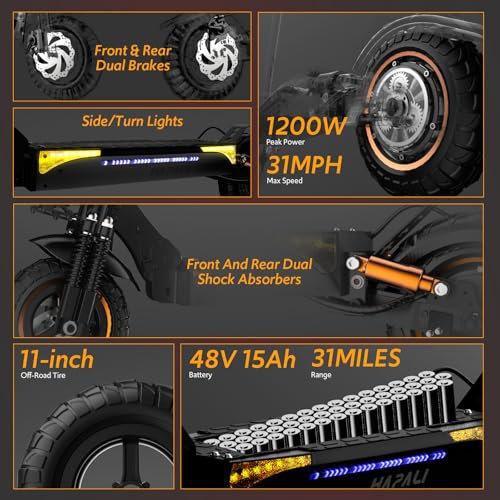 Off Road Electric Scooter Adults, 1200W Motor 31-Mile Range, 31 MPH, 11" All-Terrain Tires & Dual Suspension, disc Brakes UL Certified - color: Orange