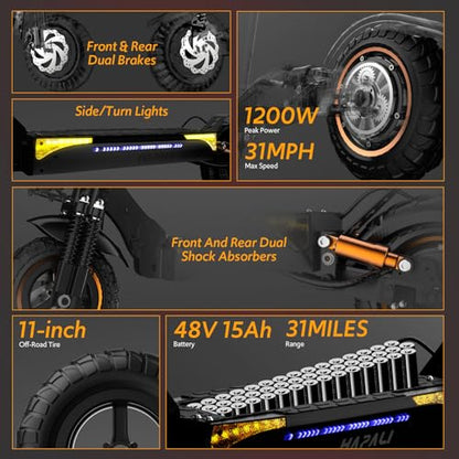Off Road Electric Scooter Adults, 1200W Motor 31-Mile Range, 31 MPH, 11" All-Terrain Tires & Dual Suspension, disc Brakes UL Certified - color: Orange