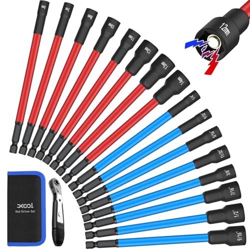 XOOL 16 PCS Long Magnetic Nut Driver Set, 6" Metric & SAE Nut Driver Bit Set for 1/4" Quick-Change Hex Shank, Impact Drill, with Mini Ratchet Wrench & Storage Bag
