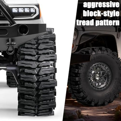 2.2 RC Crawler Tires Wheels Set, Mud Terrain Tires with Aluminum Beadlock Rims Brake Discs, 12mm Hex 5.5mm Positive Offset for Axial SCX10 SCX10 II III Pro Traxxas TRX4 TRX6 Redcat Gen8 VS4-10 - color: Titanium