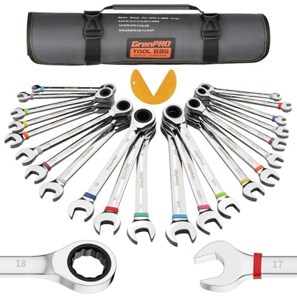 GRENPRO 23PC Ratcheting Combination Wrench Set SAE Metric Mechanic Tools | 1/4"-3/4"&6-18MM with Bolt Gauge, CR-V Steel 72-Tooth 5-Degree Swing 12Pt, Color Rings, Roll Pouch for Auto & Home Repair - style: 23PCS Ratcheting Wrench Set Metric&SAE With Color
