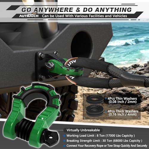 AUTMATCH D Ring Shackle 3/4" Mega Shackle (2 Pack) 68,000Ibs Break Strength - Heavy Duty Clevis Shackle with 7/8" Screw Pin & Isolator Washer for Tow Strap Winch Off Road Vehicle Recovery, Dark Green - color: Dark Green & Black