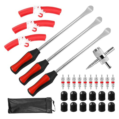 Zpana 15" Tire Spoons Kit, Steel Motorcycle Tyre Changing Lever Tool Set with 3 Rim Protectors 12 Valve Caps 10 Cores 1 Wrench & Bag, Universal for for Dirt Bike Lawn Mower Bicycle