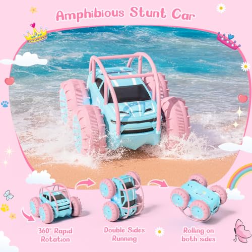 MaxTronic Amphibious Remote Control Car,Rechargeable RC Cars Toy 360° Flips Rotation Stunt Crawler 15KM/H 4WD All Terrain Outdoor Indoor Toy for Kids Boys Girls 3-12 - color: Light Pink