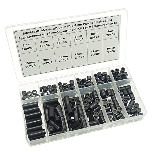 240PCS OD 9mm ID 5.4mm ABS Plastic Black Round Spacers Assortment Kit for M5 Screws; Clearance Spacers; 3mm to 25mm Lengths - size: OD 9mm ID 5.4mm