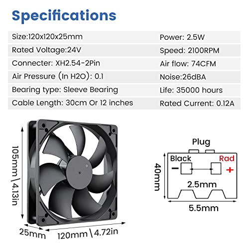 Wathai 120x120x25mm 120mm 24v Case Fan PC Cooling DC Brushless Motor Fan | 24vdc DC fan serves as a silent ventilation booster for cabinet enclosures, amplifiers, and industrial machines - style: 24V 2Pin 2000RPM