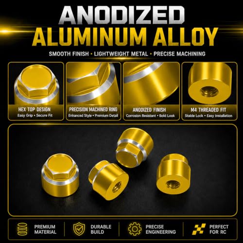 4PCS M4 RC Wheel Nuts, Aluminum Dustproof Wheel Rim Center Cap Hub Nuts with Mini Cross Wrench for 1/10 RC Crawler TRX4 TRX6 SCX10 SCX10 II D90 Redcat Tamiya HPI, Gold - color: Gold