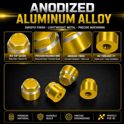 4PCS M4 RC Wheel Nuts, Aluminum Dustproof Wheel Rim Center Cap Hub Nuts with Mini Cross Wrench for 1/10 RC Crawler TRX4 TRX6 SCX10 SCX10 II D90 Redcat Tamiya HPI, Gold - color: Gold