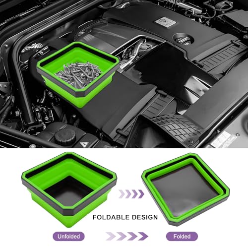Collapsible Magnetic Parts Tray, 4.5" Square Silicone Metal Parts Organizer Double-Sided Magnet Bowl, Foldable Magnetic Tool Trays for Screws Bolts Nuts Washers Pins (Green) - color: Green