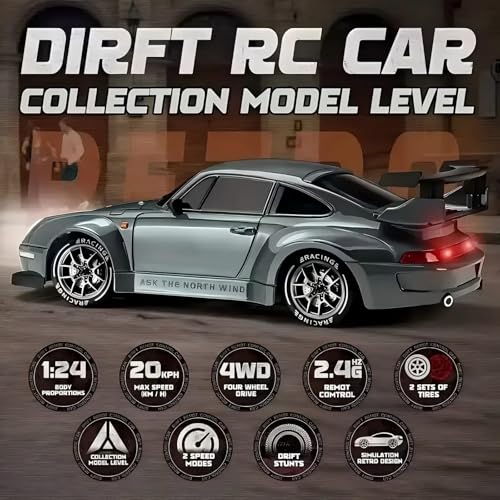 1:24 Scale RC Drift Car with LED Lights, 25km/h 4WD High Speed, Dual Batteries 50+ Min Play, 2.4GHz Remote Control, Multi-Surface Drift Tires, Racing Toy Vehicle for Adults Boys Girls, Storm Drive - color: 1:24 Storm Drive