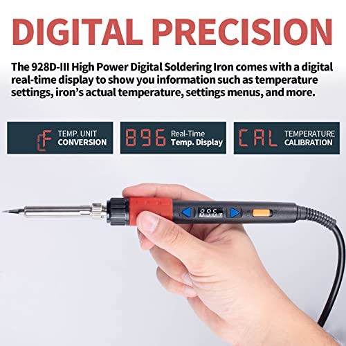 YIHUA 928D-III Soldering Iron,110W High Power, Fully Digital Display °F /°C- Temperature Control Soldering Tool, Accurate 194~896°F, with ON/OFF Switch, Iron Tip, Brass Wool, Automatic Sleep Mode - style: Advanced Style - Digital Iron (High Power)