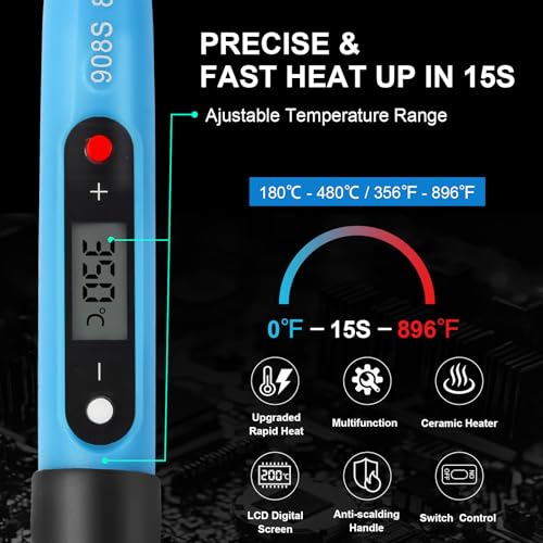 FEITA Electric Soldering Iron Kit with 80W LCD Digital Adjustable Temperature Soldering-iron, 5 Soldering Tips, Rosin Flux, Solder Wires & Stand, Electrical Soldering Kit for Electronics - color: 80w 9in1