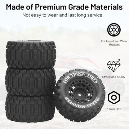 1/16 RC Car Tires and Wheels, daitoku 12mm Hex RC Truck Tires for MiniX Mini XRT 1/16 MJX 16207 16210 16209 16208 HSP 94186 Traxxas E-Revo LOSI 1/18 Mini LMT - Style B (Black) - color: Black
