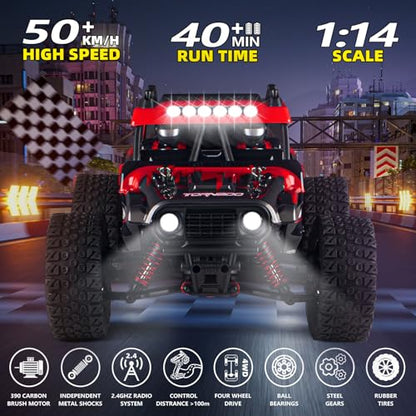 RC Cars 1:14 Remote Control Car 50 KMH Fast RC Truck for Kids Adults Boys 2.4 GHz All Terrains 4WD RC Dune Buggy Off-Road RC Monster Truck Short Course Car with 2 Batteries (Red) - color: 805-red-1