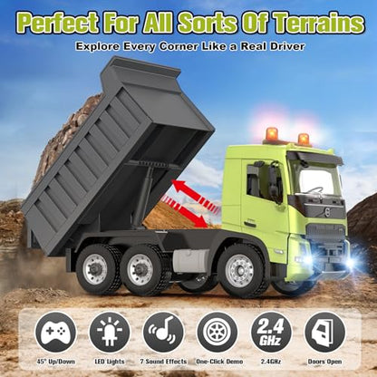 DOUBLE E Volvo FMX 1:20 RC Dump Truck - 2.4GHz Anti-Interference Remote Control Construction Toy with 360° Movement, Lift & Dump, LED Lights & Realistic Sounds for Adults - style: dump truck