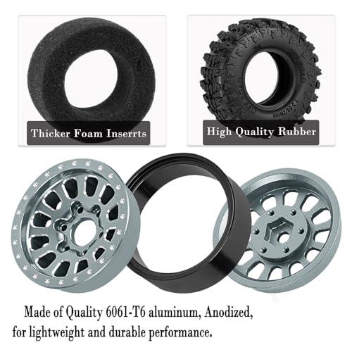 Rc 1.3 Beadlock Wheel Tires/Wheel Rims for 1/24 1/18 SCX24 TRX4M RC Crawler Car,Aluminum 1.3 Beadlock Wheels and Tires,Rc Tires with Foam Inserts,Titanium(4PCS) - color: Titanium - (Rc Wheels Tires)