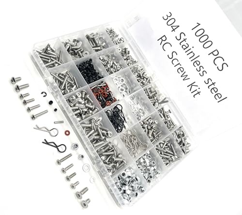 1000pcs Universal RC Screw Kit Screws Assortment Set, Hardware Fasteners for Traxxas Axial Redcat HPI Arrma SCX10 Losi 1/8 1/10 1/12 1/16 Scale RC Cars Trucks Crawler (1000pcs 304 Stainless Steel) - style: 1000pcs 304 Stainless steel