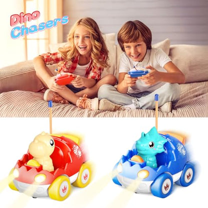 Kidz do 2 Pack Dinosaur Remote Control Cars Toys for Kids 2 3 4 5 Years Old, Christmas Birthday Gifts for Boys and Girls Ages 2-5, Dino Race Car Toddlers Toys with Music and Light(Red Blue) - color: Blue&red