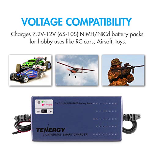 Tenergy Smart Battery Charger for NiMH/NiCd 7.2V-12V 6S-10S Battery Packs, Compatible with Standard Tamiya/Mini Tamiya/Alligator Clip Connector for RC Cars, Airplanes, Airsoft Batteries