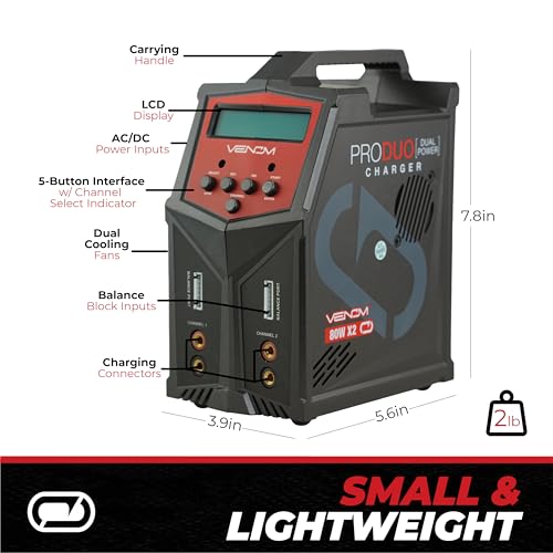 Venom Power Pro Duo LiPo Battery Charger - LCD Screen, Charging Leads - Balance Charger & Discharger for LiPo, LiHV, Li-Ion, Life, NiMH, NiCD, Pb Batteries - Power Supply for 1S- 6S, Drone & RC Cars