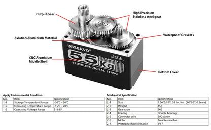 55KG Brushless servo Full Metal Gears High Torque Fast Digital Servo for 1/8 1/10 1/12 RC Car/Shockproof Rc Car Servo (180 Degree) - color: Black180 Degree