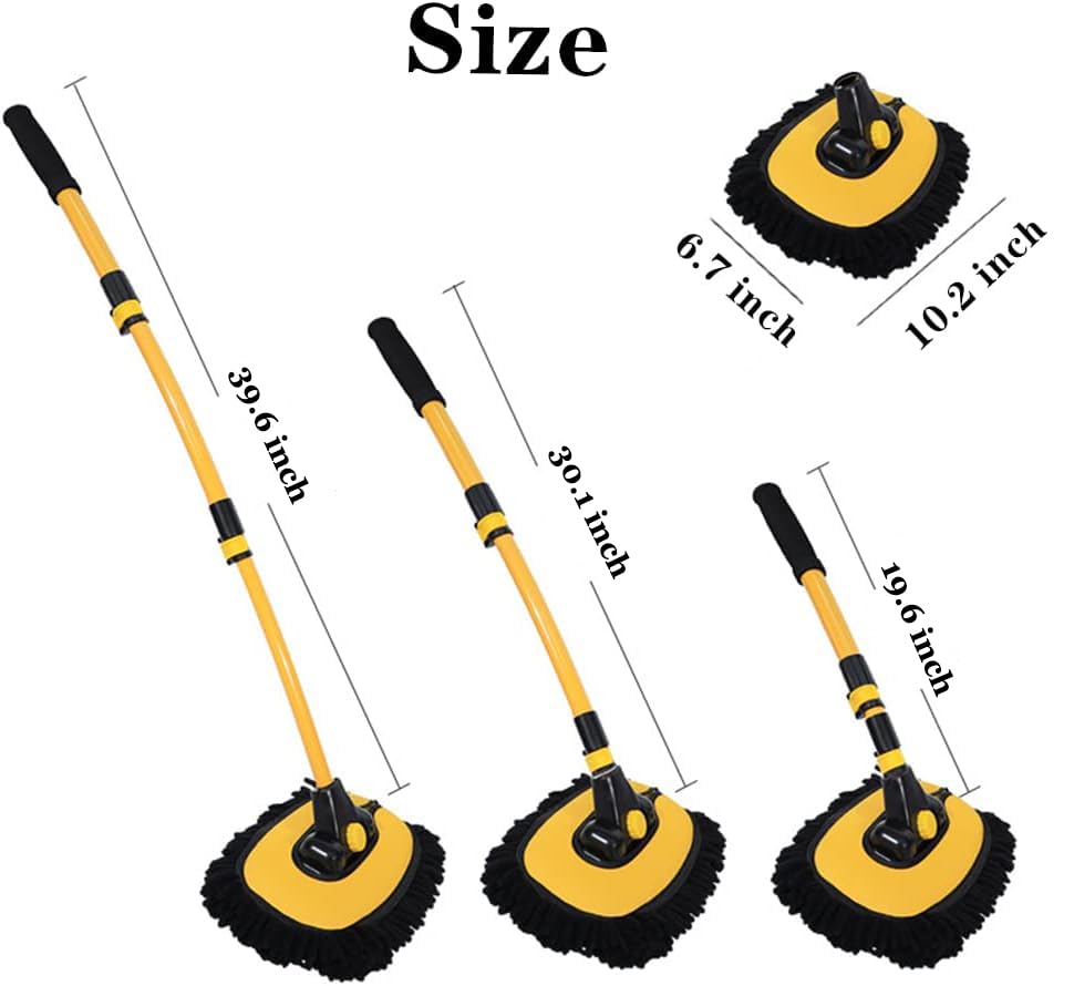 BMLEI Car Wash Brush with Long Handle, Chenille Microfiber Car Wash Kit | 15°Curved, Car Wash Mop with 2 Replacement Head, Extension Pole, Exterior Cleaning Brush Kit for Washing Roof Truck SUV Boat - color: Yellow Mop With Black Washing Cloth