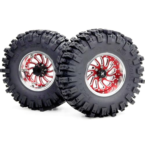 2.2 Mud Slingers Tires with Adjustable Offset 2.2 Beadlock Wheels, 124mm Tall 2.2 Tires & 40mm Wide 2.2 Rims for 1/10 RC Crawler TRX4 SCX10 Capra Upgrades,HS701585 - color: Silver & Red